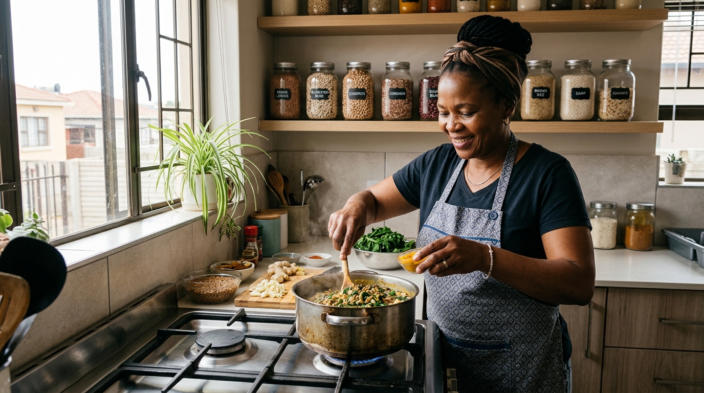 Traditional legume batch cooking and indigenous greens deliver complete nutrition at a fraction of processed meat and fast-food retail costs.