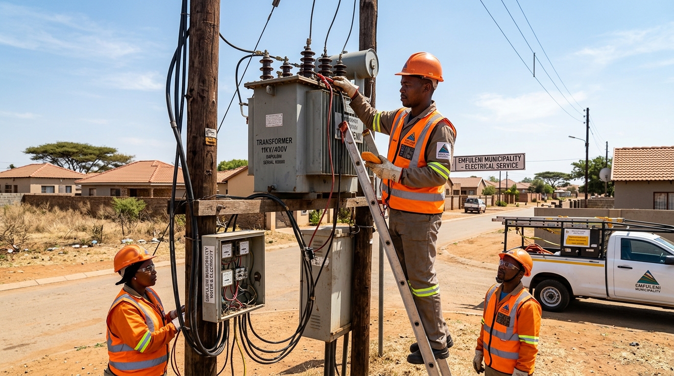 Emfuleni Local Municipality electrical service personnel inspecting distribution transformers and metering installations.