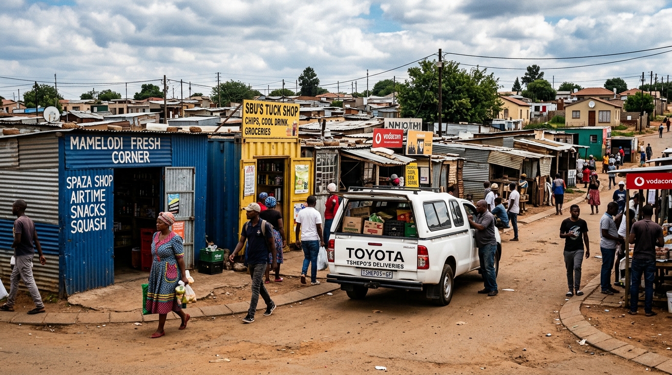 Spaza shops and delivery vehicles operating along a township.