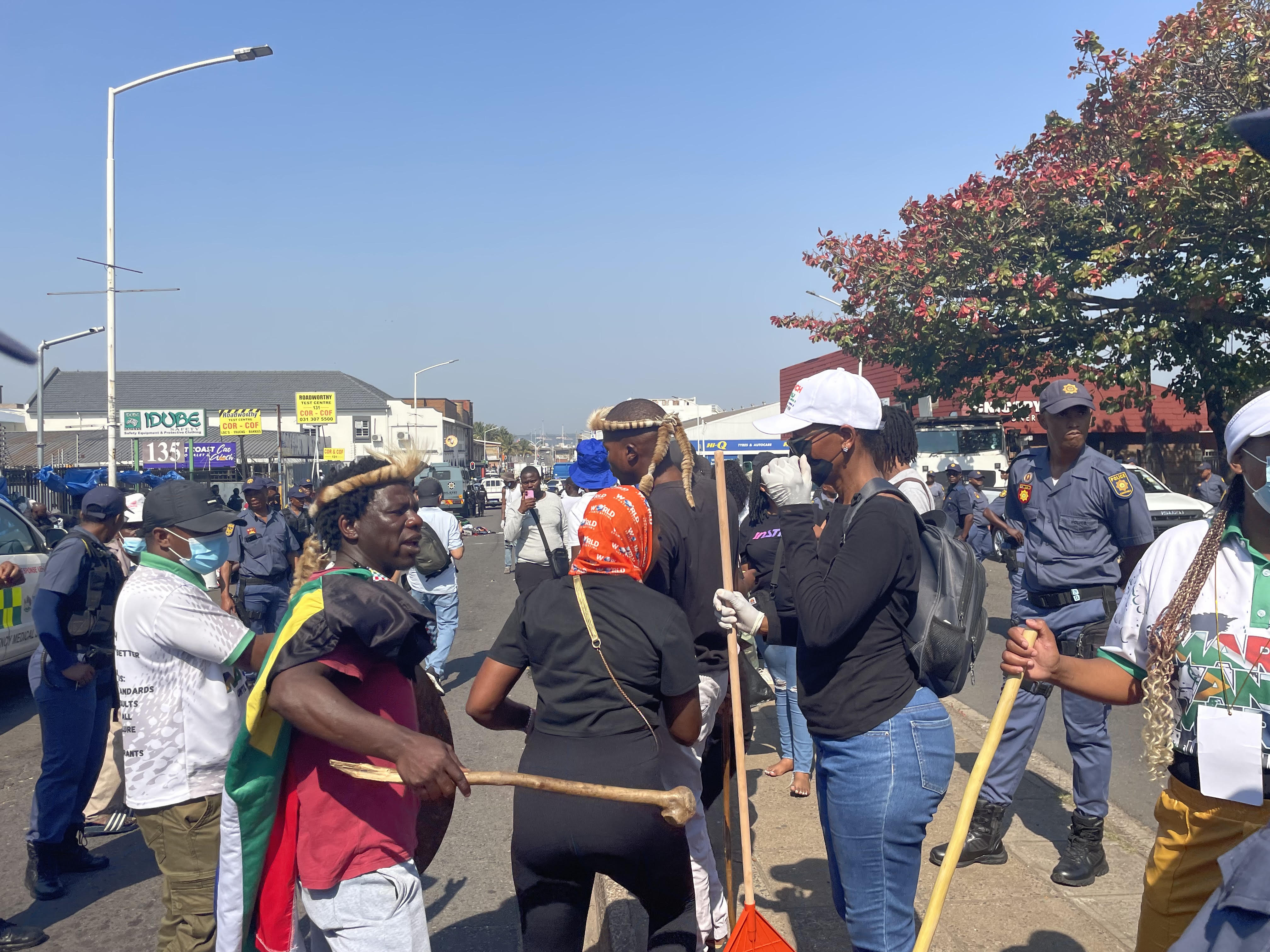 March and March protesters gather outside the Department of Home Affairs refugee reception centre on Che Guevara Road in Durban.