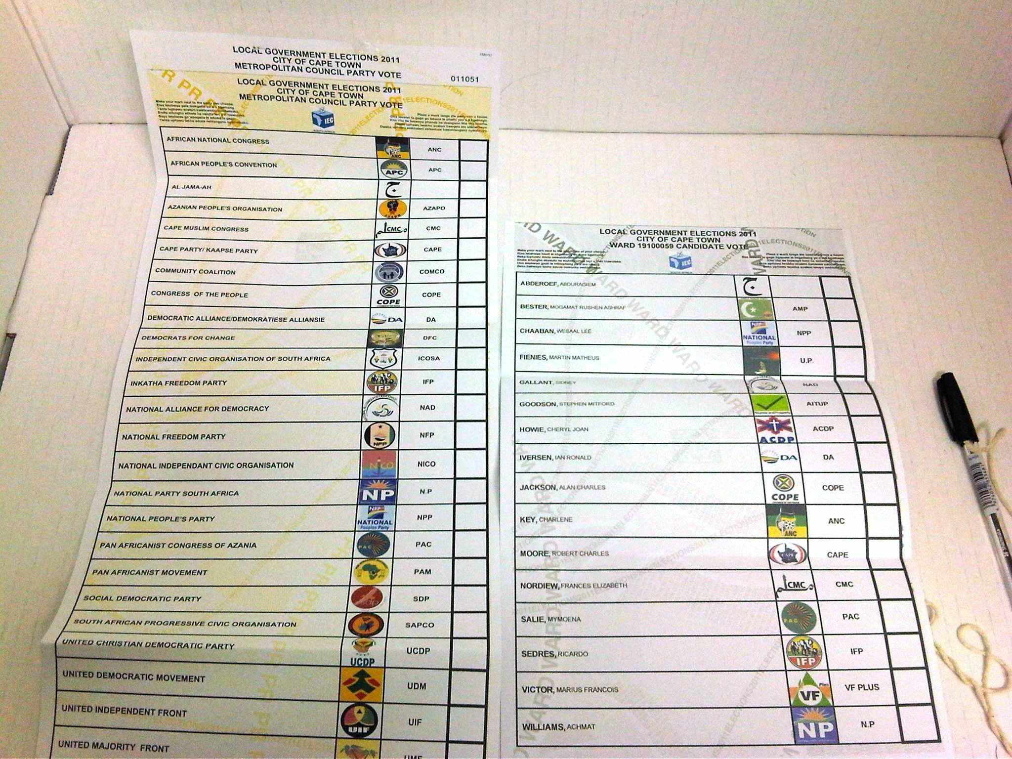 A South African municipal election ballot paper. Photo: Discott / Wikimedia Commons