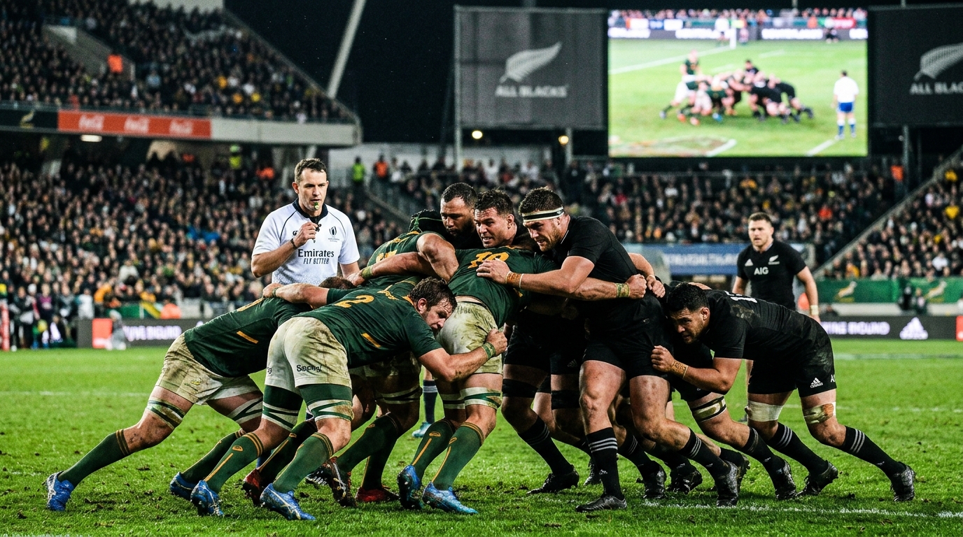 The Springbok and All Blacks forward packs clash in an intense scrum collision during Saturday's brutal Rugby Championship test.