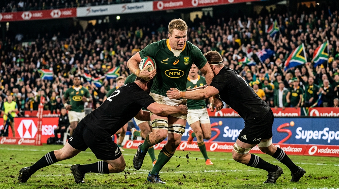 South African ball-carriers repeatedly took the fight to the New Zealand defensive line, absorbing fierce contact to establish territorial dominance.