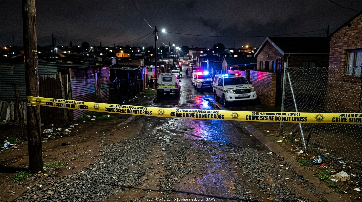 SAPS crime scene tape seals an access road as specialized units investigate mass casualties on the West Rand.